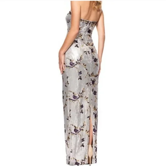 Betsy & Adam Silver Strapless Floral Gown - Picture 4 of 11